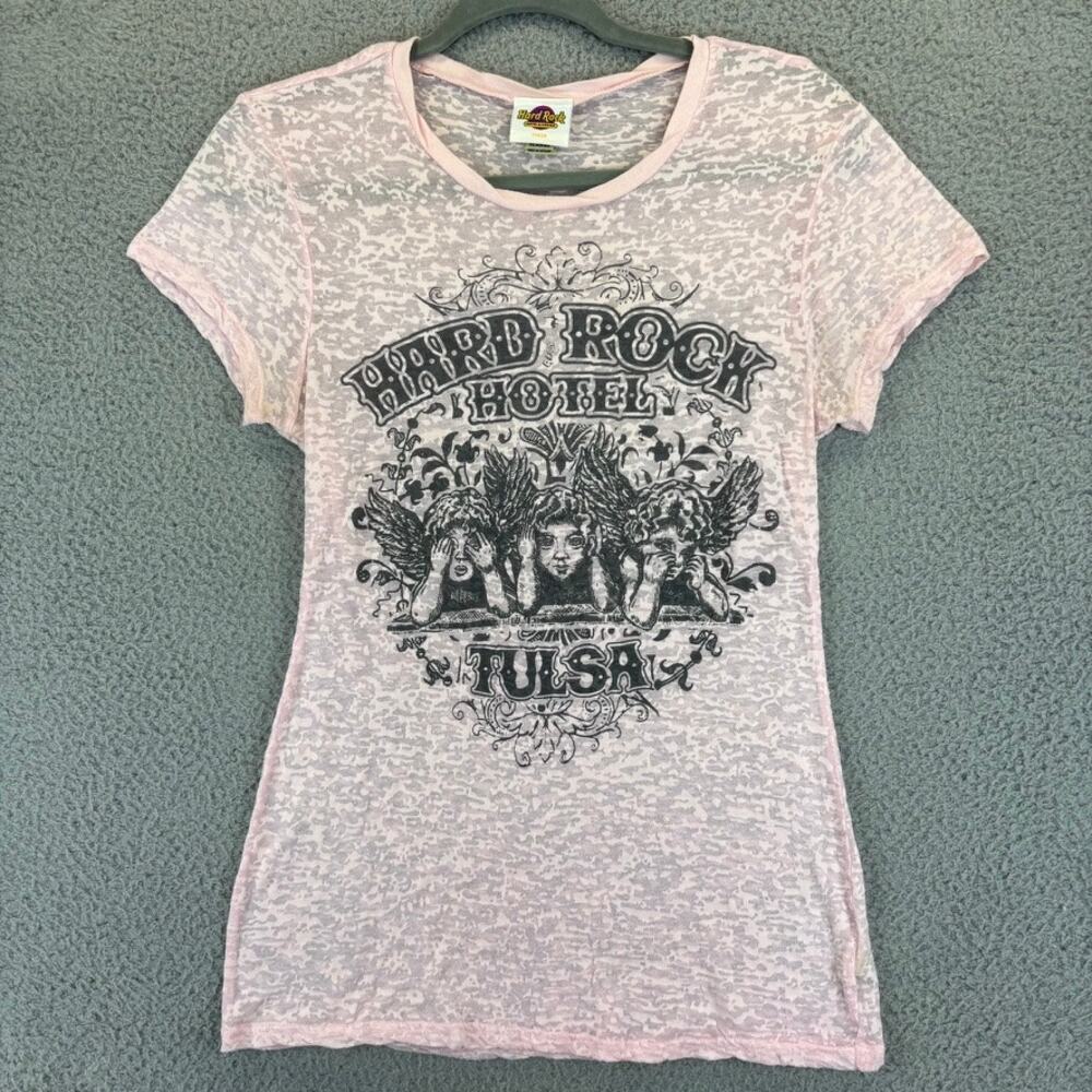 Y2k Burnout Baby Tee Womens XL Sheer Grunge Angels Cherubs VTG Hard Rock Hotel